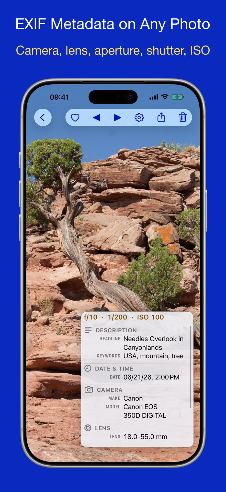 The metadata overlay over a photo, listing EXIF, IPTC, TIFF and GPS values